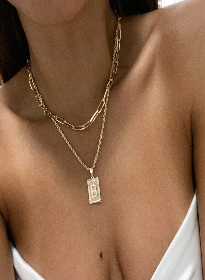 Tasiso 14K Gold Layered Initial Pendant Necklace Layering Paperclip Chain Choker Necklace for Women Dainty Square A-Z Alphabet Letter Necklace Jewelry Gifts B - Image 2